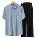 Men Rayon Short Sleeve Suit Set Summer Thin Casual Light blue top + black trousers XXL
