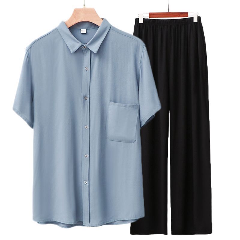 Men Rayon Short Sleeve Suit Set Summer Thin Casual Light blue top + black trousers 3XL