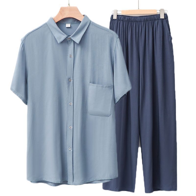 Men Rayon Short Sleeve Suit Set Summer Thin Casual Light blue top + gray blue trousers XXL