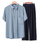 Men Rayon Short Sleeve Suit Set Summer Thin Casual Light blue top + navy blue trousers XXL