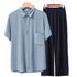 Men Rayon Short Sleeve Suit Set Summer Thin Casual Light blue top + navy blue trousers XXL