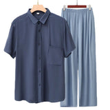 Men Rayon Short Sleeve Suit Set Summer Thin Casual Gray blue top + light blue trousers XXL