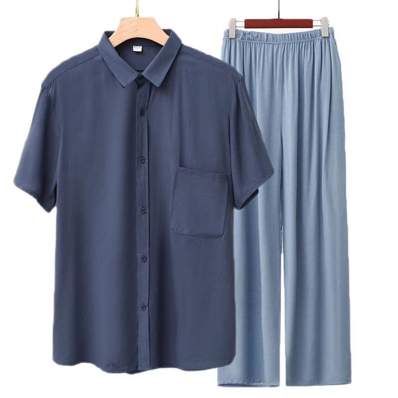Men Rayon Short Sleeve Suit Set Summer Thin Casual Gray blue top + light blue trousers 4XL