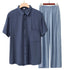 Men Rayon Short Sleeve Suit Set Summer Thin Casual Gray blue top + light blue trousers 5XL