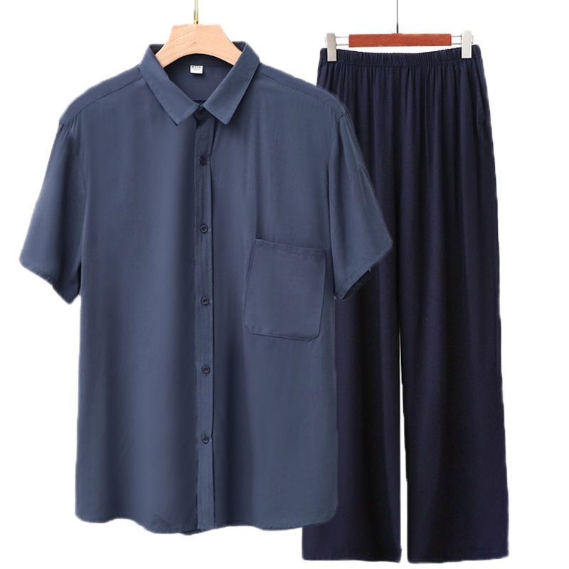 Men Rayon Short Sleeve Suit Set Summer Thin Casual Gray blue top + navy blue trousers 4XL