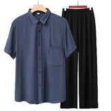 Men Rayon Short Sleeve Suit Set Summer Thin Casual Gray blue top + black trousers XXL