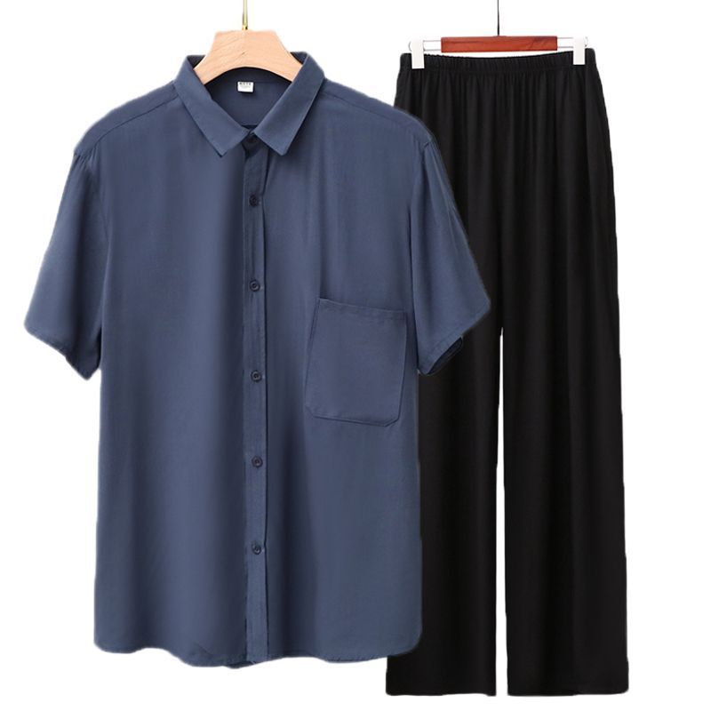 Men Rayon Short Sleeve Suit Set Summer Thin Casual Gray blue top + black trousers 4XL