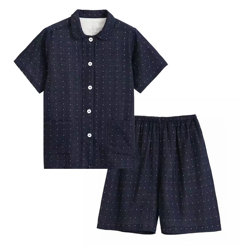 Japanese Cotton Pajama Suit Women Men Short Sleeve Women's navy blue polka dots-short-sleeved shorts XL
