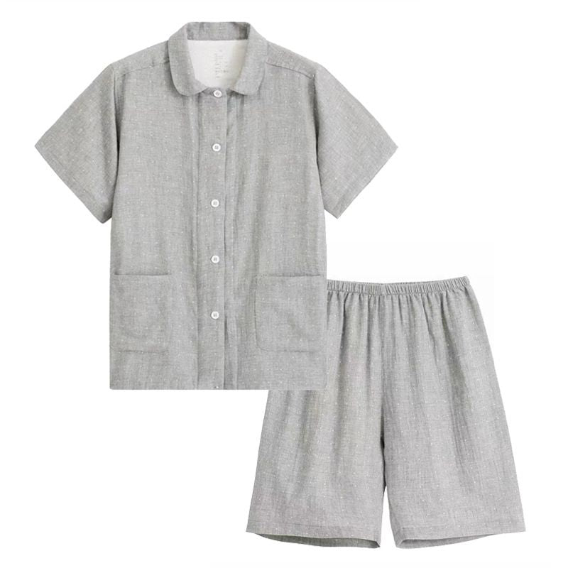 Japanese Cotton Pajama Suit Women Men Short Sleeve Women's Gray Poll Dot-Short Sleeve Shorts