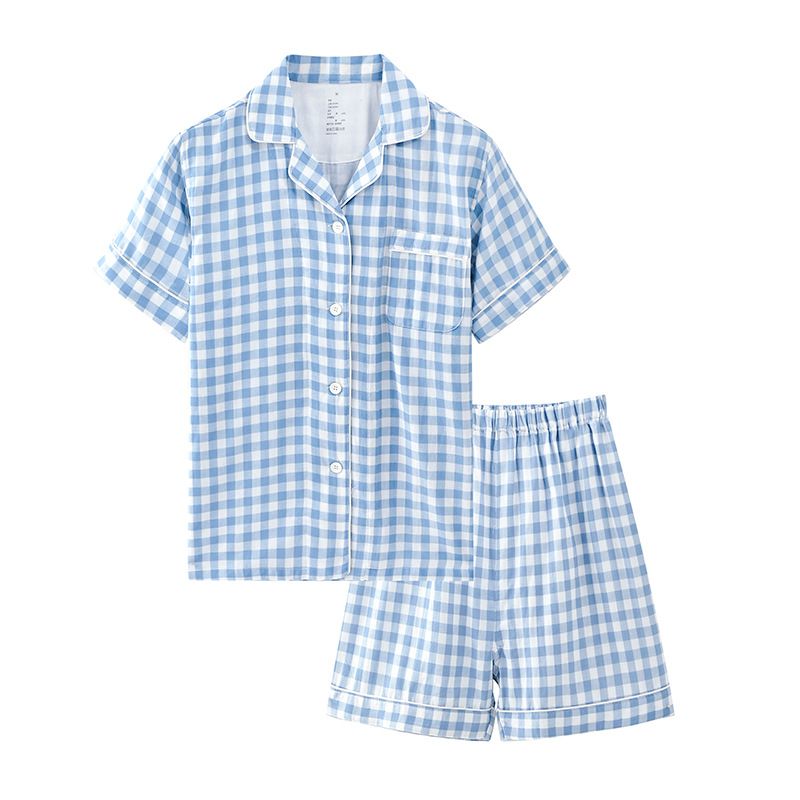 Japanese Cotton Pajama Suit Women Men Short Sleeve Women's Sky Blue-Short Sleeve Shorts