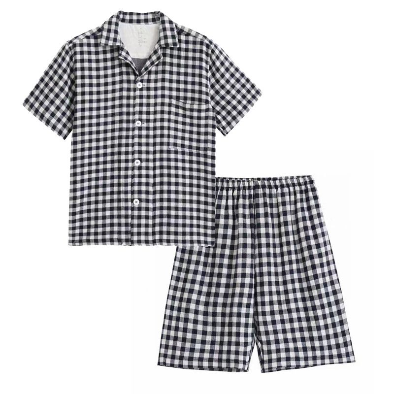 Japanese Cotton Pajama Suit Women Men Short Sleeve Men's Navy-short-sleeved shorts XL
