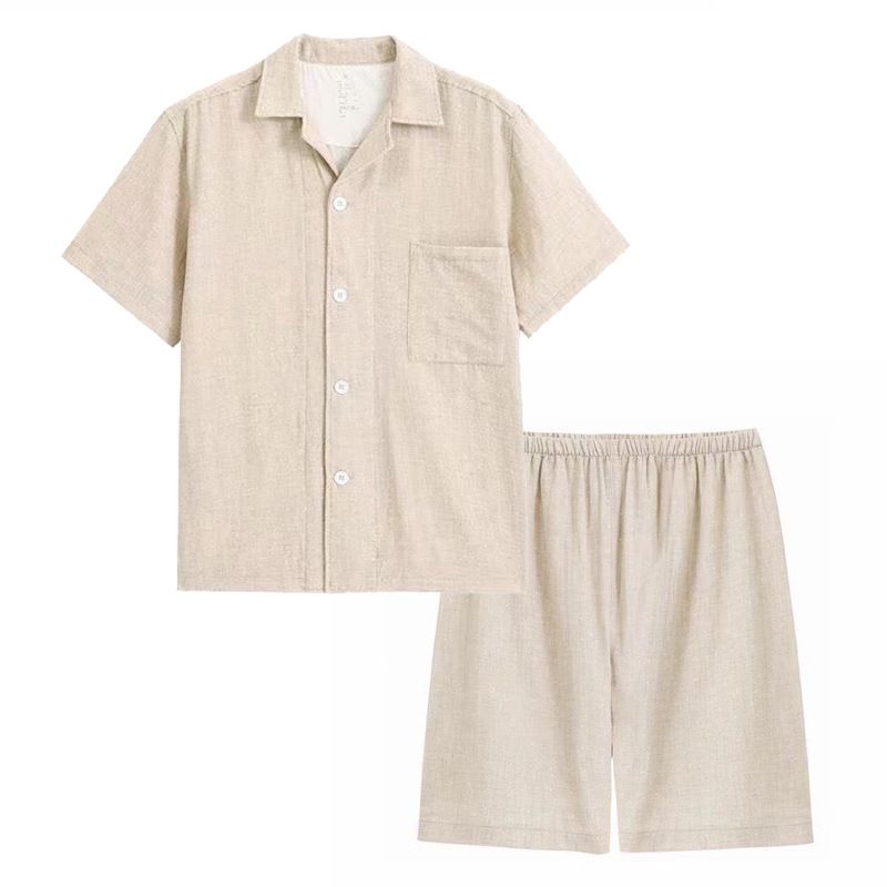Japanese Cotton Pajama Suit Women Men Short Sleeve Men's Beige Wave Dot-Short Sleeve Shorts XL