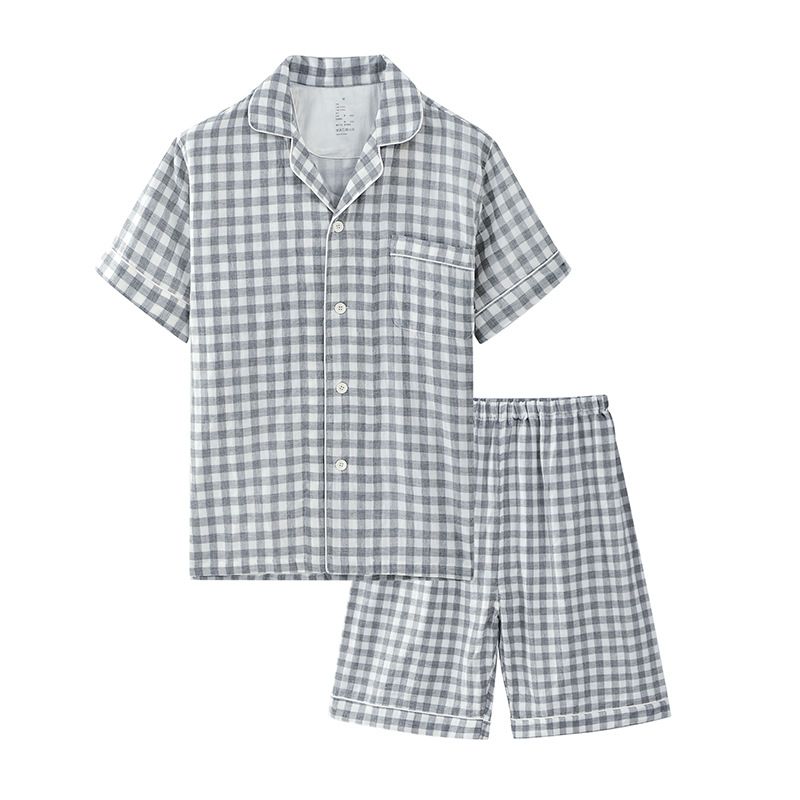 Japanese Cotton Pajama Suit Women Men Short Sleeve Men's Charcoal Gray-Short Sleeve Shorts XL
