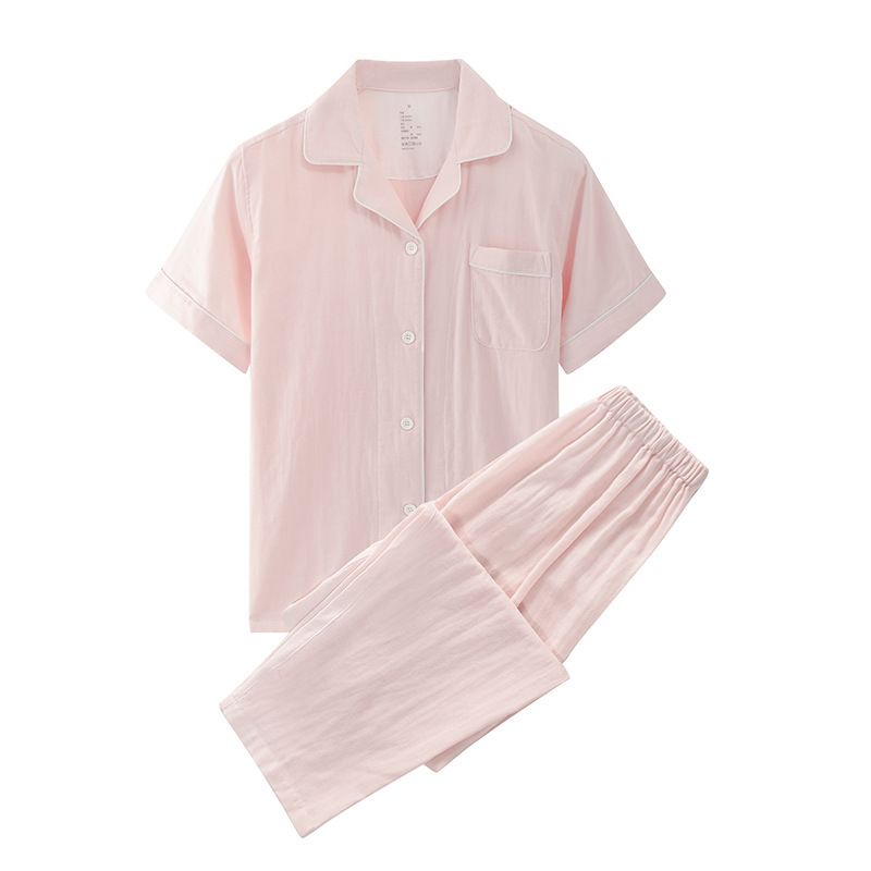Japanese Cotton Pajama Suit Women Men Short Sleeve Women's Pink Solid Color-Short Sleeve Pants XL