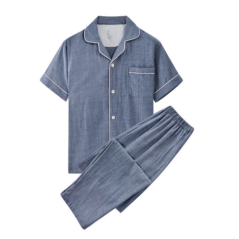Japanese Cotton Pajama Suit Women Men Short Sleeve Men's denim blue solid color-short sleeve trousers XL
