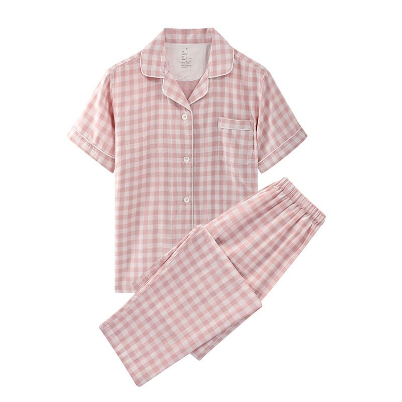 Japanese Cotton Pajama Suit Women Men Short Sleeve Women's Pink Pad-Short Sleeve Pants XL