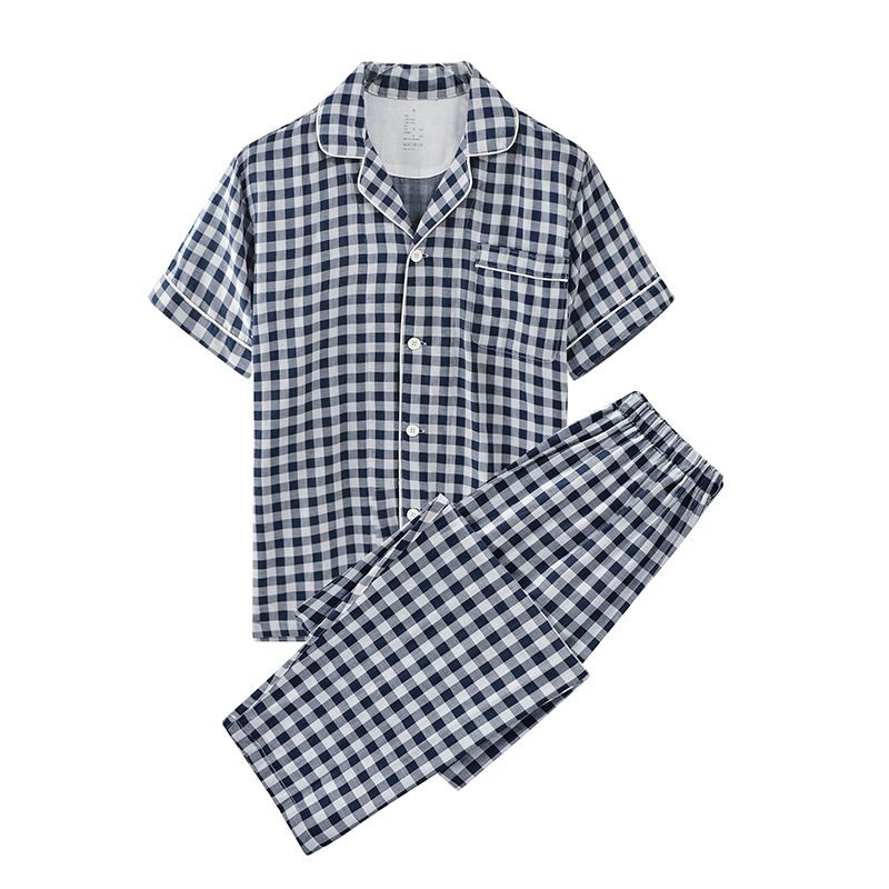 Japanese Cotton Pajama Suit Women Men Short Sleeve Men's Navy Blue Pants-Short Sleeve Pants L