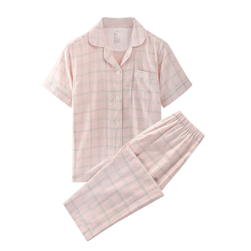 Japanese Cotton Pajama Suit Women Men Short Sleeve Women's linen gray powder plaid short sleeve-short sleeve trousers L