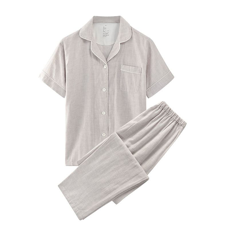 Japanese Cotton Pajama Suit Women Men Short Sleeve Women's milk tea solid color short sleeve-short sleeve trousers L