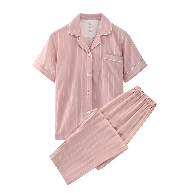 Japanese Cotton Pajama Suit Women Men Short Sleeve Women's vertical powder-short sleeve trousers XL