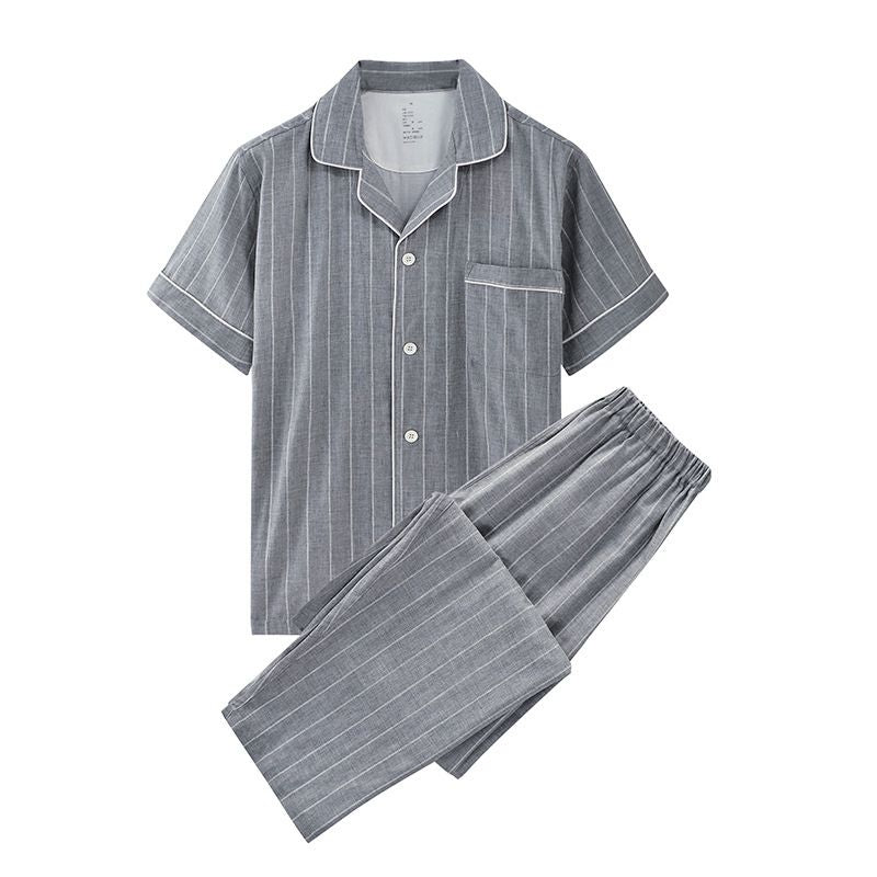 Japanese Cotton Pajama Suit Women Men Short Sleeve Men's vertical gray-short sleeve long