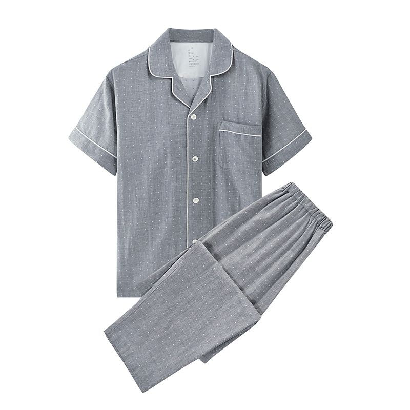 Japanese Cotton Pajama Suit Women Men Short Sleeve Men's gray polka dot-short sleeve trousers L