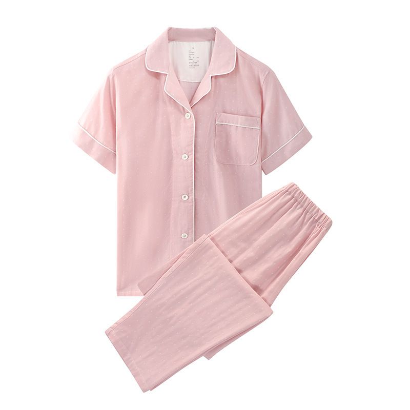 Japanese Cotton Pajama Suit Women Men Short Sleeve Women's Pink Dot-Short Sleeve Pants XL