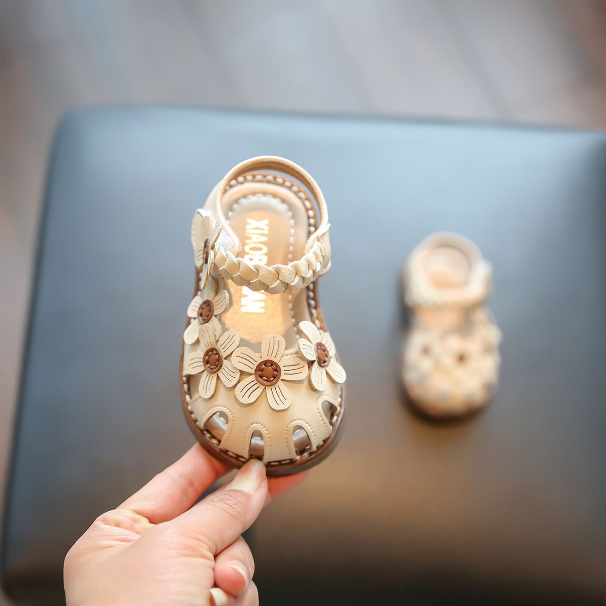 Kamai bear Baby Girl Summer Sandals Soft Sole Velcro Beige The inner length of the 28-size shoe is about 17.8cm