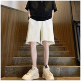 Trendy energy Denim Shorts Men Summer Frayed Straight White