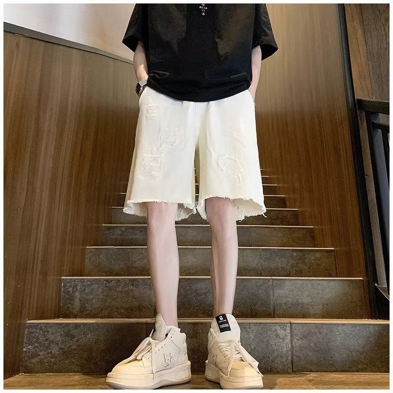 Trendy energy Denim Shorts Men Summer Frayed Straight White