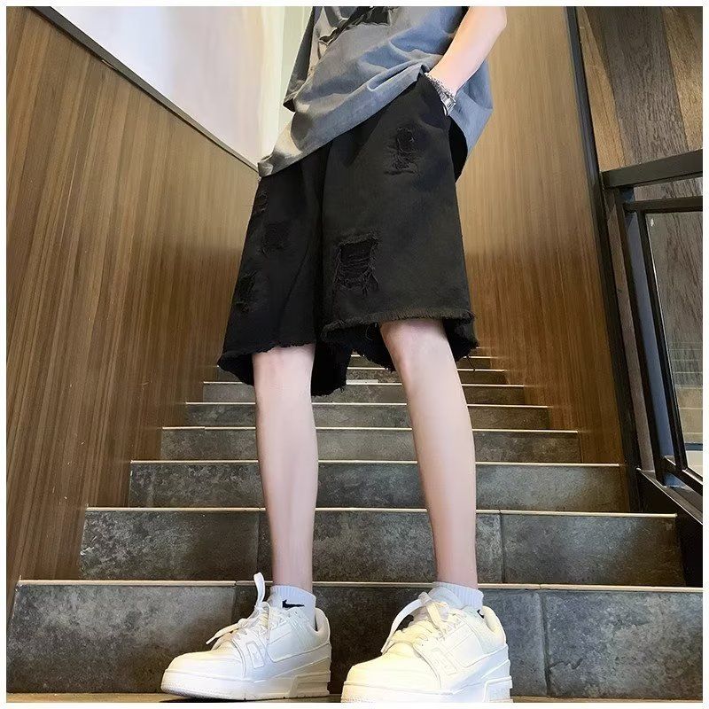 Trendy energy Denim Shorts Men Summer Frayed Straight Black