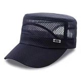 Men Mesh Flat Top Hat Sun Protection Outdoor Full network navy blue Adjustable