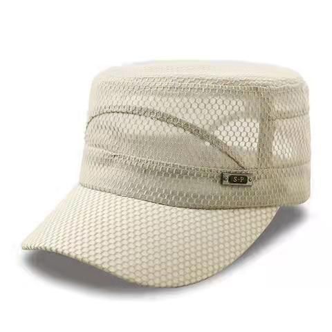 Men Mesh Flat Top Hat Sun Protection Outdoor Full net beige Adjustable