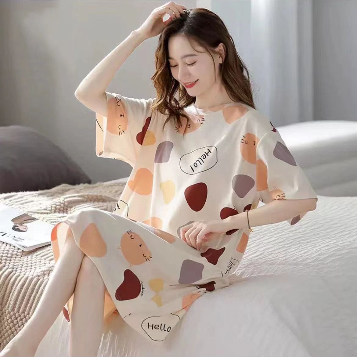 Women Summer Sleepwear Polyester Loose Dress Yellow XXL