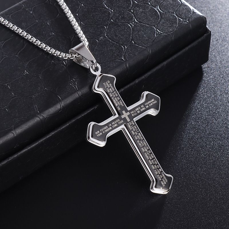 Puhai Stainless Steel Cross Necklace Silver Snake Bone Black