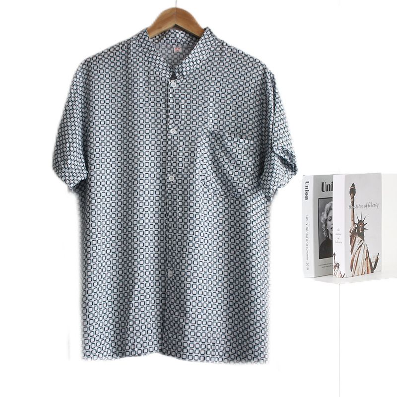 Men's Viscose Short Sleeve Stand Collar Cardigan Shirt 21 5XL