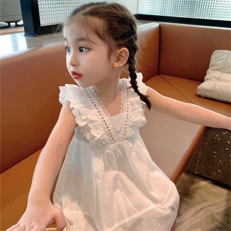 Girls Cotton Suspender Dress Princess Summer White Lace White lace skirt 130cm