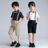 Boys Summer Cotton Short Sleeve Shirt & Shorts Set Pleated shirt + Blue shorts (with striped straps, black bow tie) 170CM: recommended weight 39.00 kg-44.00 kg