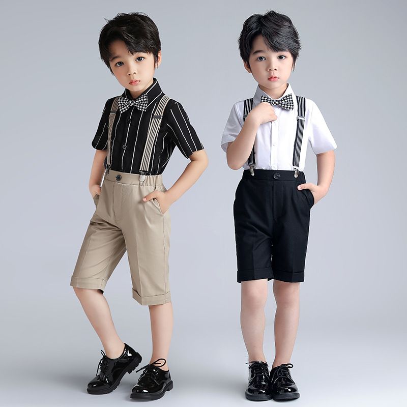 Boys Summer Cotton Short Sleeve Shirt & Shorts Set Pleated shirt + Blue shorts (with striped straps, black bow tie) 170CM: recommended weight 39.00 kg-44.00 kg