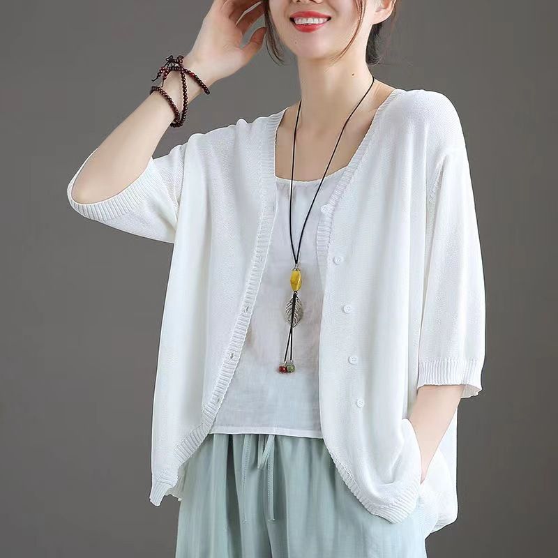 Ice Silk Women Cardigan Loose V Neck Half Sleeve White XXL Size: XXL; Height (cm): 175-180; Weight (kg): 65-70; Bust (cm): 98-102; Waist (cm): 82-86; Shoulder width (cm): 41; Length (cm): 66