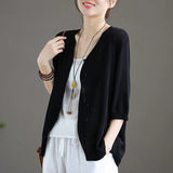 Ice Silk Women Cardigan Loose V Neck Half Sleeve Black Size: L; Height (cm): 165-170; Weight (kg): 55-60; Bust (cm): 90-94; Waist (cm): 74-78; Shoulder width (cm): 39; Length (cm): 62