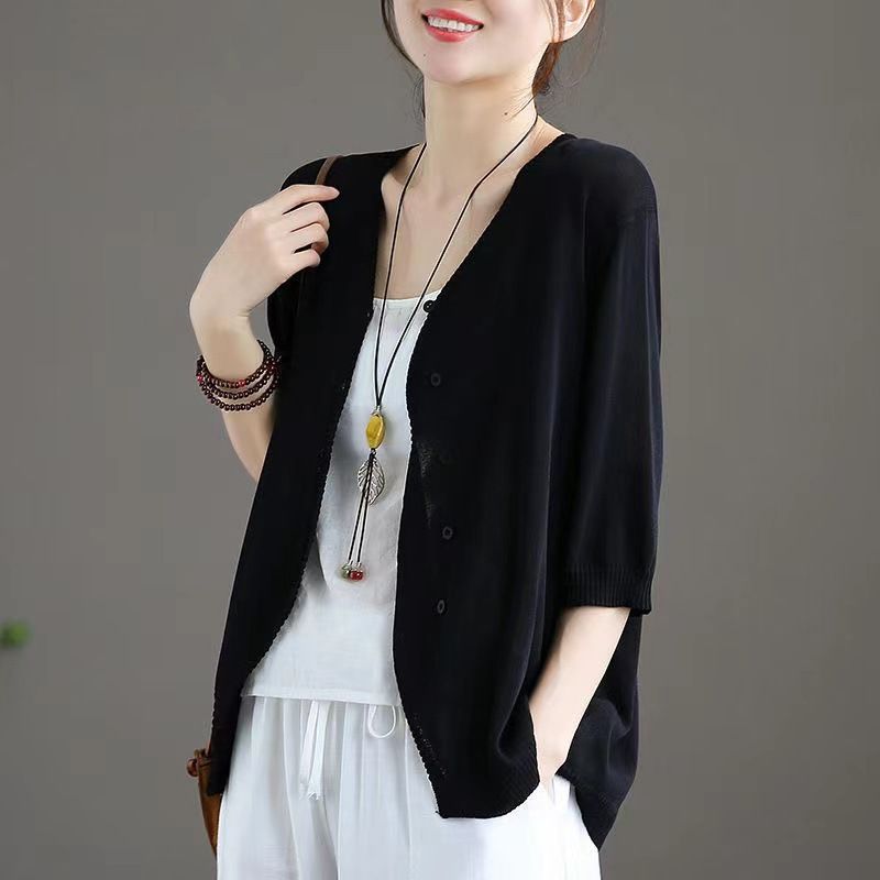 Ice Silk Women Cardigan Loose V Neck Half Sleeve Black XXXL