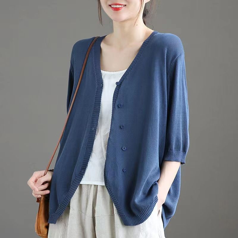Ice Silk Women Cardigan Loose V Neck Half Sleeve Navy Blue Size: S; Height (cm): 155-160; Weight (kg): 45-50; Bust (cm): 82-86; Waist (cm): 66-70; Shoulder width (cm): 37; Length (cm): 58