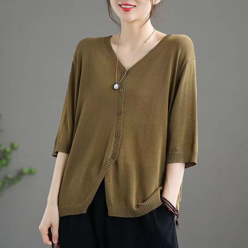 Ice Silk Women Cardigan Loose V Neck Half Sleeve pickle green XL Size: XL; Height (cm): 170-175; Weight (kg): 60-65; Bust (cm): 94-98; Waist (cm): 78-82; Shoulder width (cm): 40; Length (cm): 64