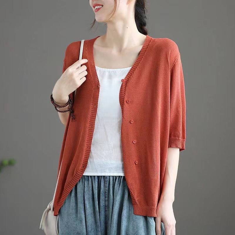 Ice Silk Women Cardigan Loose V Neck Half Sleeve orange red XXL Size: XXL; Height (cm): 175-180; Weight (kg): 65-70; Bust (cm): 98-102; Waist (cm): 82-86; Shoulder width (cm): 41; Length (cm): 66