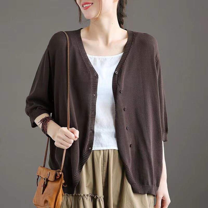 Ice Silk Women Cardigan Loose V Neck Half Sleeve Coffee XXXL
