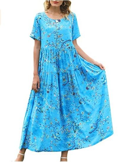 Women Floral Long Dress Short Sleeve Polyester Picture color 1 XS