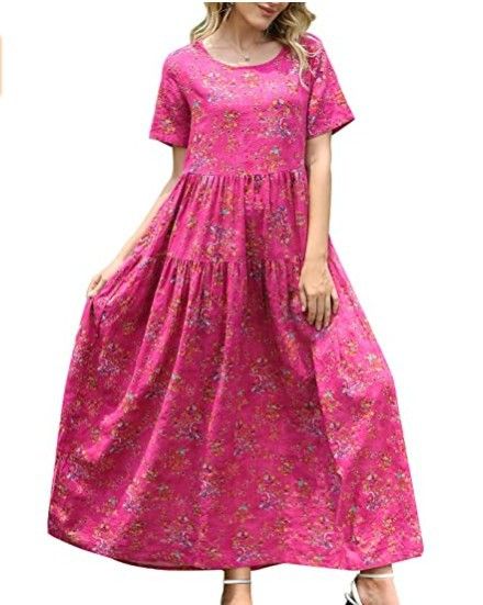 Women Floral Long Dress Short Sleeve Polyester Picture Color 2 Size: S; Height (cm): 155-160; Weight (kg): 45-50; Bust (cm): 82-86; Waist (cm): 66-70; Shoulder width (cm): 37; Length (cm): 58