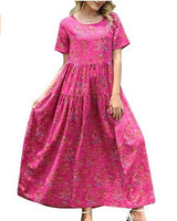 Women Floral Long Dress Short Sleeve Polyester Picture Color 2 XXXL