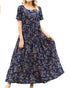Women Floral Long Dress Short Sleeve Polyester Picture Color 3 XS